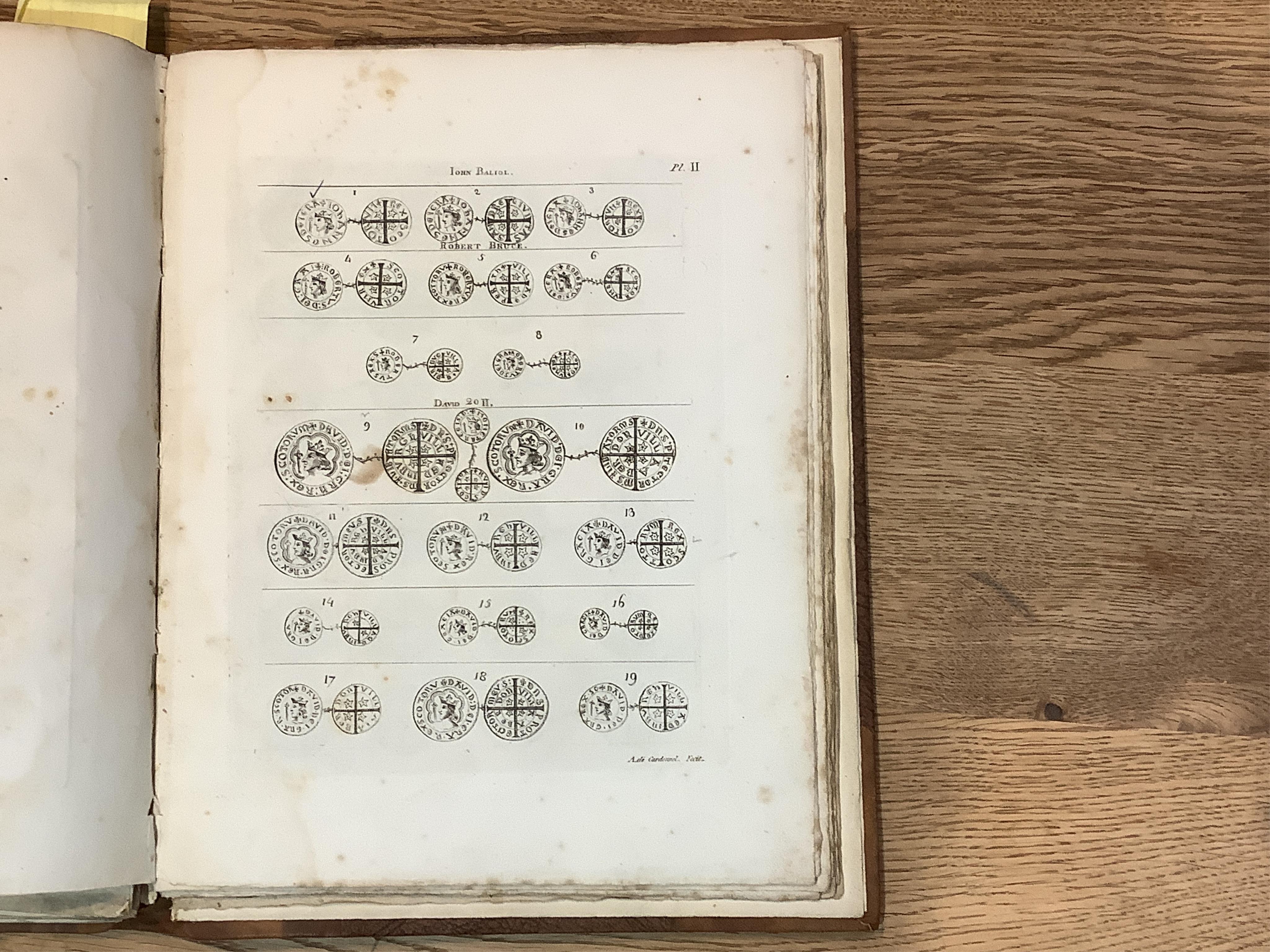 Cardonnel, Adam de. Numismata Scotiæ; or a Series of the Scottish Coinage, from the Reign of William the Lion to the Union, Edinburgh 1786. Quarto. 21 plates. Later quarter calf.